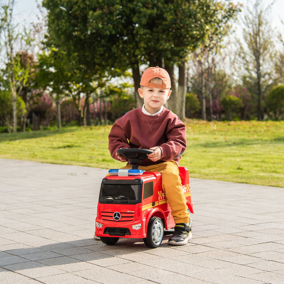 Push Mercedes Antos Fire Truck Foot-to-Floor Ride-On for Kids