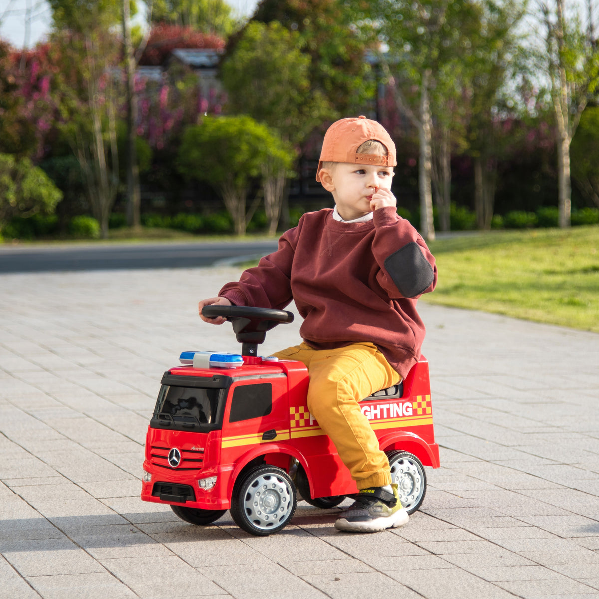 Push Mercedes Antos Fire Truck Foot-to-Floor Ride-On for Kids